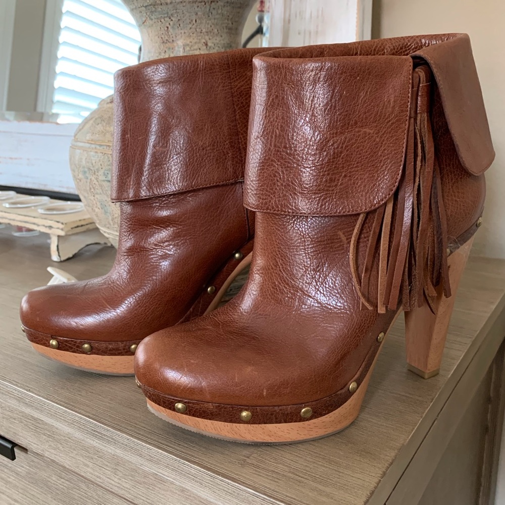 Leather INC booties.  Platform wood soles